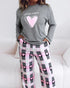 2 Pieces Outfit Letter and Heart Print Long Sleeve Top and Casual Plaid Pnats Sets with Pocket gray