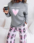 2 Pieces Outfit Letter and Heart Print Long Sleeve Top and Casual Plaid Pnats Sets with Pocket gray