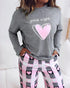 2 Pieces Outfit Letter and Heart Print Long Sleeve Top and Casual Plaid Pnats Sets with Pocket gray