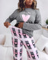 2 Pieces Outfit Letter and Heart Print Long Sleeve Top and Casual Plaid Pnats Sets with Pocket gray