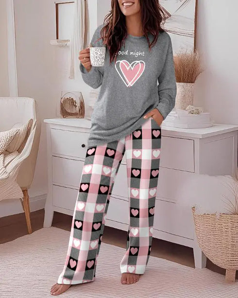 2 Pieces Outfit Letter and Heart Print Long Sleeve Top and Casual Plaid Pnats Sets with Pocket gray