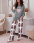 2 Pieces Outfit Letter and Heart Print Long Sleeve Top and Casual Plaid Pnats Sets with Pocket gray