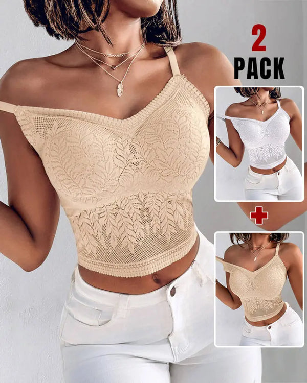 2-Pack Womens Lace V-Neck Adjustable Spaghetti Straps Bralette Camisoles Sexy Soft Crop Cami Top style9