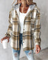Plaid Print Button Front Pocket Design Drawstring Hoodie Jacket Casual Asymmetrical Hem Thermal Lined Warm Coat brown