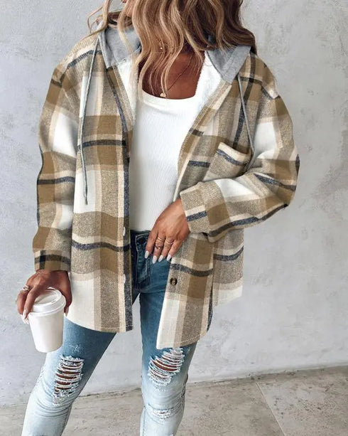 Plaid Print Button Front Pocket Design Drawstring Hoodie Jacket Casual Asymmetrical Hem Thermal Lined Warm Coat brown