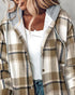 Plaid Print Button Front Pocket Design Drawstring Hoodie Jacket Casual Asymmetrical Hem Thermal Lined Warm Coat brown