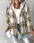 Plaid Print Button Front Pocket Design Drawstring Hoodie Jacket Casual Asymmetrical Hem Thermal Lined Warm Coat brown