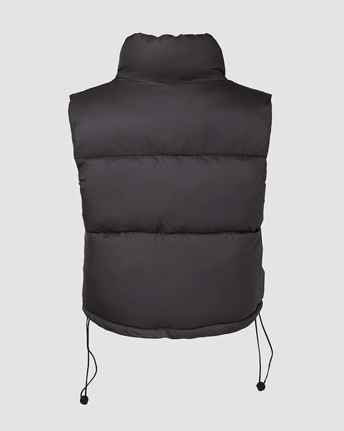 Stand Collar Zip Up Lightweight Cropped Puffer Vest Sleeveless Drawstring Hem Padded Coat black