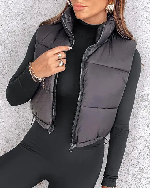Stand Collar Zip Up Lightweight Cropped Puffer Vest Sleeveless Drawstring Hem Padded Coat black