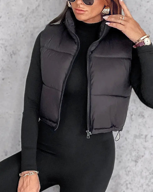 Stand Collar Zip Up Lightweight Cropped Puffer Vest Sleeveless Drawstring Hem Padded Coat black
