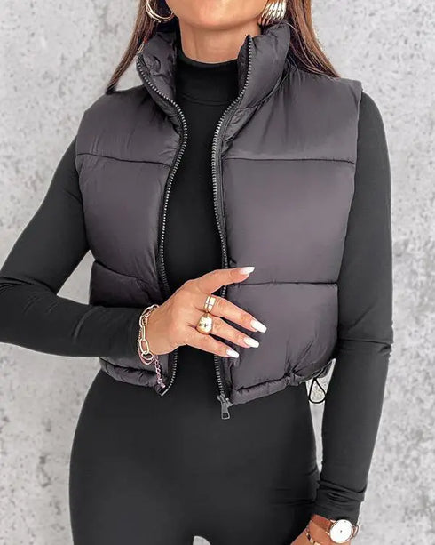 Stand Collar Zip Up Lightweight Cropped Puffer Vest Sleeveless Drawstring Hem Padded Coat black