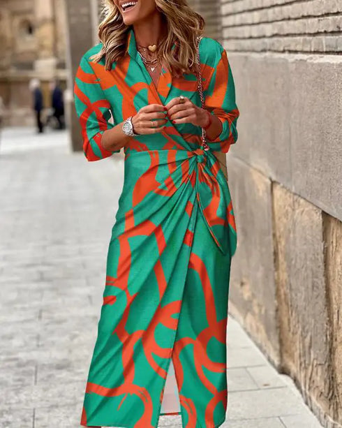 All Over Print Turn-down Collar Tied Detail Dress Casual Ruched Wrap Front Vacation Dress green
