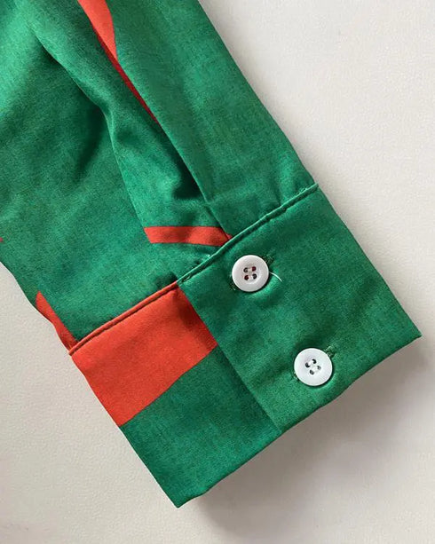 Abstract Print Turn-down Collar Tied Detail Ruched Dress Casual Wrap Front Vacation Dress green