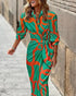 All Over Print Turn-down Collar Tied Detail Dress Casual Ruched Wrap Front Vacation Dress green