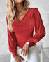 Deep V-Neck Sequin & Flower Decor Mesh Lantern Sleeves Ruched Blouse Slim Fit Top red