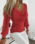 Deep V-Neck Sequin & Flower Decor Mesh Lantern Sleeves Ruched Blouse Slim Fit Top red