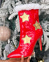 Christmas Fuzzy Detail Star Heart Pattern Lined Ankle Boots red