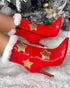 Christmas Fuzzy Detail Star Heart Pattern Lined Ankle Boots red