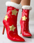 Christmas Fuzzy Detail Star Heart Pattern Lined Ankle Boots red