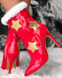 Christmas Fuzzy Detail Star Heart Pattern Lined Ankle Boots red