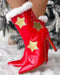 Christmas Fuzzy Detail Star Heart Pattern Lined Ankle Boots red