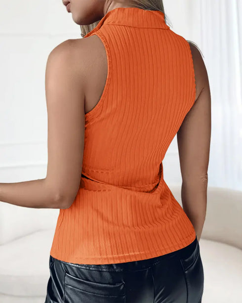 Ribbed O-Neck Slim Fit Zipper Thick Strap Mental O-ring Cinch Waist Tank Casual Top orange