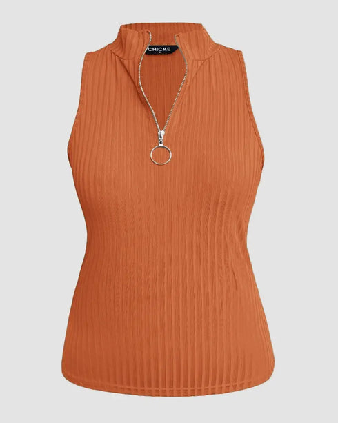 Ribbed O-Neck Slim Fit Zipper Thick Strap Mental O-ring Cinch Waist Tank Casual Top orange