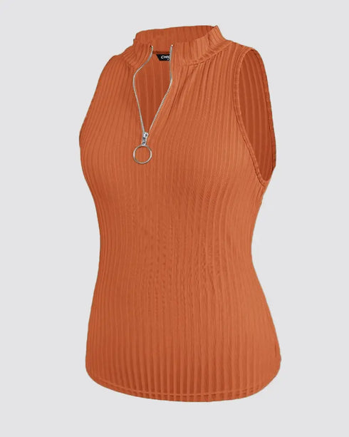 Ribbed O-Neck Slim Fit Zipper Thick Strap Mental O-ring Cinch Waist Tank Casual Top orange