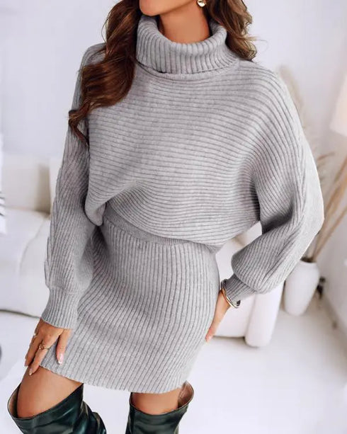 2 Pieces Outfit High Neck Batwing Sleeve Loose Top and Elastic Waist Slim Fit Skirt Set Casual Ribbed Set gray