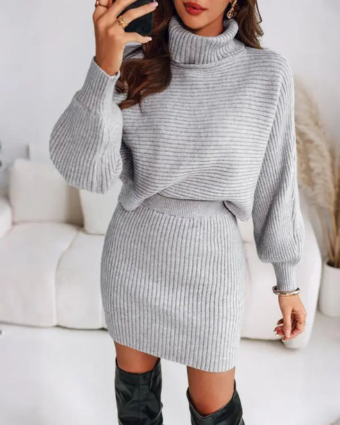 2 Pieces Outfit High Neck Batwing Sleeve Loose Top and Elastic Waist Slim Fit Skirt Set Casual Ribbed Set gray