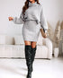 2 Pieces Outfit High Neck Batwing Sleeve Loose Top and Elastic Waist Slim Fit Skirt Set Casual Ribbed Set gray