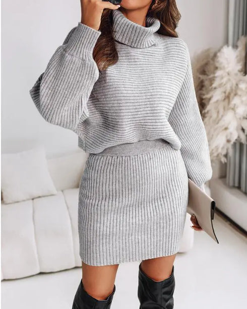2 Pieces Outfit High Neck Batwing Sleeve Loose Top and Elastic Waist Slim Fit Skirt Set Casual Ribbed Set gray