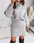 2 Pieces Outfit High Neck Batwing Sleeve Loose Top and Elastic Waist Slim Fit Skirt Set Casual Ribbed Set gray