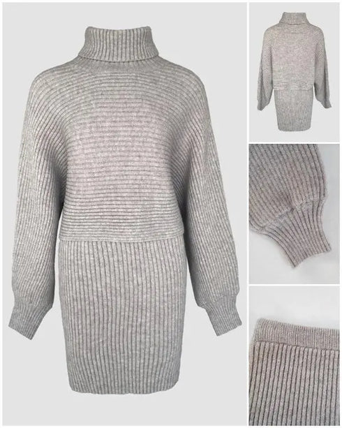 2 Pieces Outfit High Neck Batwing Sleeve Loose Top and Elastic Waist Slim Fit Skirt Set Casual Ribbed Set gray