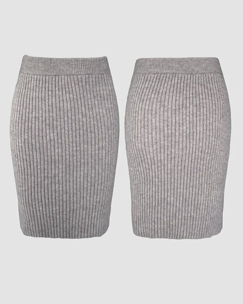 2 Pieces Outfit High Neck Batwing Sleeve Loose Top and Elastic Waist Slim Fit Skirt Set Casual Ribbed Set gray