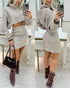 2 Pieces Outfit High Neck Batwing Sleeve Loose Top and Elastic Waist Slim Fit Skirt Set Casual Ribbed Set gray