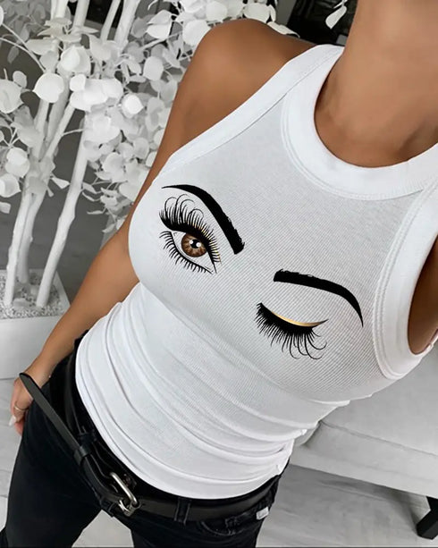 Eyelash Print Casual Tank Top white