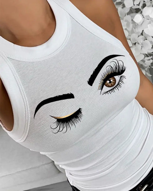 Eyelash Print Casual Tank Top white