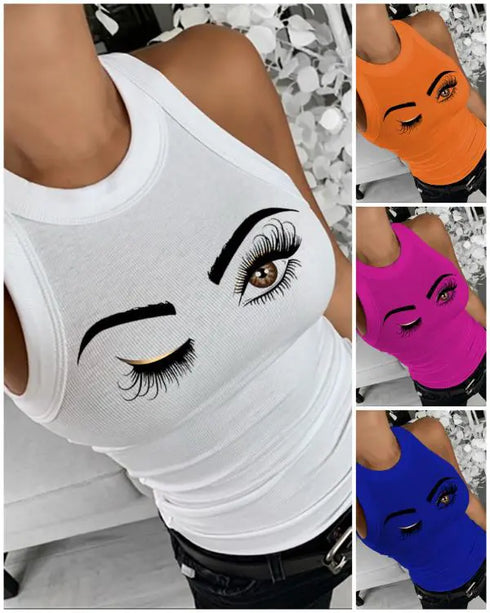 Eyelash Print Casual Tank Top white