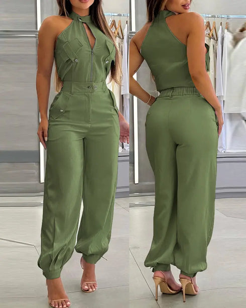2 Pieces Outfits Sleeveless High Neck Cargo Pockets Design Top and Casual Cuffed Long Pants Set Army green