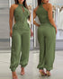2 Pieces Outfits Sleeveless High Neck Cargo Pockets Design Top and Casual Cuffed Long Pants Set Army green