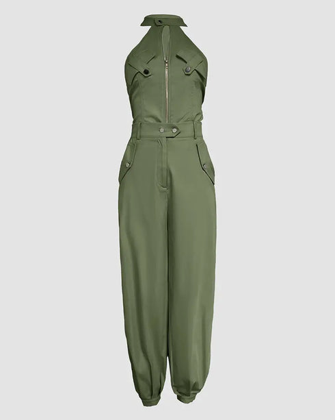 2 Pieces Outfits Sleeveless High Neck Cargo Pockets Design Top and Casual Cuffed Long Pants Set Army green