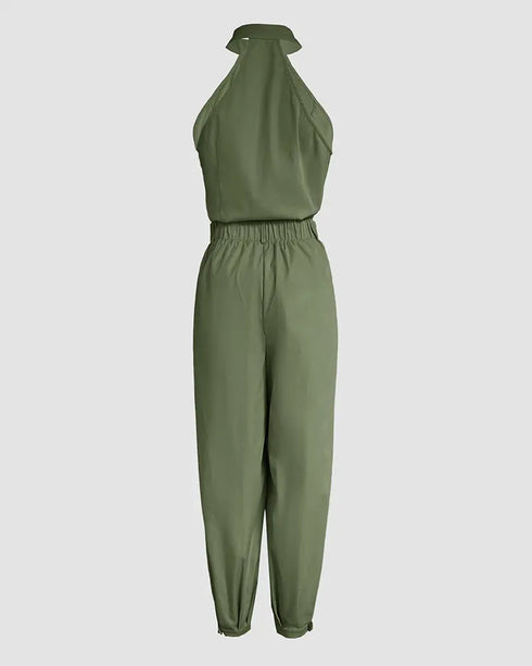 2 Pieces Outfits Sleeveless High Neck Cargo Pockets Design Top and Casual Cuffed Long Pants Set Army green