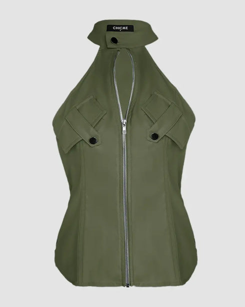 2 Pieces Outfits Sleeveless High Neck Cargo Pockets Design Top and Casual Cuffed Long Pants Set Army green