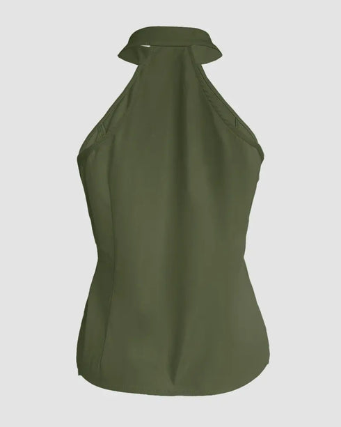 2 Pieces Outfits Sleeveless High Neck Cargo Pockets Design Top and Casual Cuffed Long Pants Set Army green