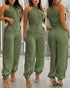 2 Pieces Outfits Sleeveless High Neck Cargo Pockets Design Top and Casual Cuffed Long Pants Set Army green