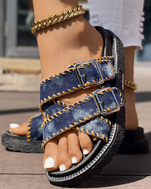 Cowboy Wrap Around Thick Bottom Slippers black