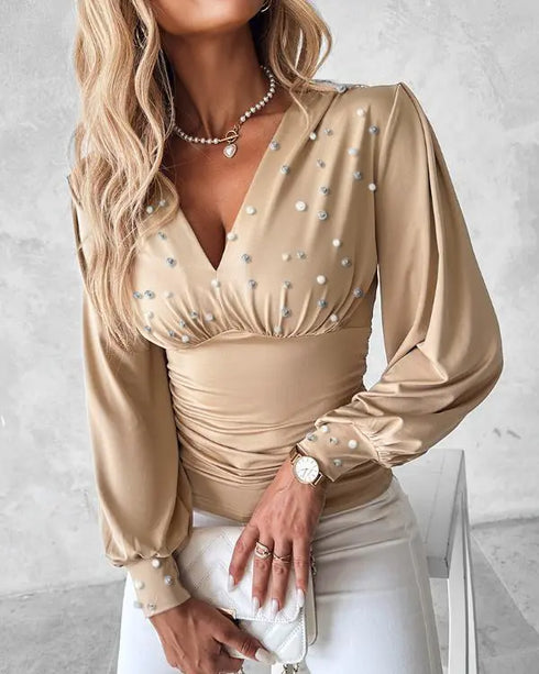 Deep V-Neck Lantern Sleeve Ruched Blouse Casual Slim Fit Top khaki