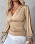 Deep V-Neck Rhinestone Decor Mesh Patchwork Lantern Sleeves Blouse Ruched Slim Fit Top khaki