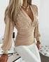 Deep V-Neck Rhinestone Decor Mesh Patchwork Lantern Sleeves Blouse Ruched Slim Fit Top khaki
